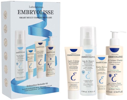 Embryolisse hudvårdsset med olika krämer och serum i vitt och blått förpackningar.