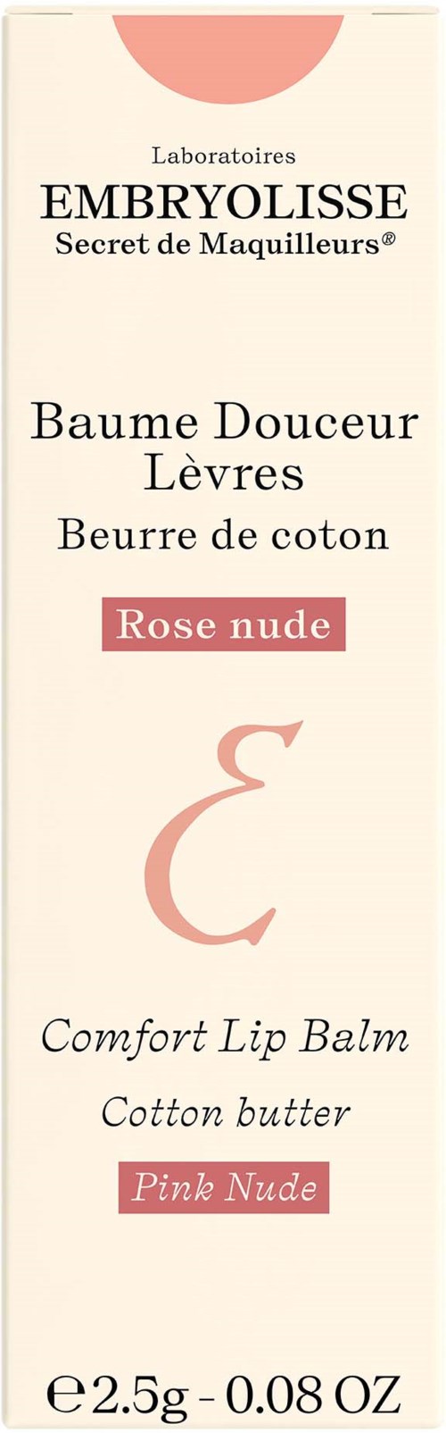 En vit förpackning med svart och rosa text för ett läppbalsam i bomullssmör och rosa nude smaker.