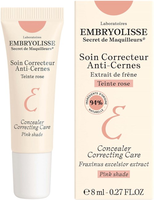 En tub och förpackning av Embryolisse concealer i rosa nyans med 94 % naturliga ingredienser.