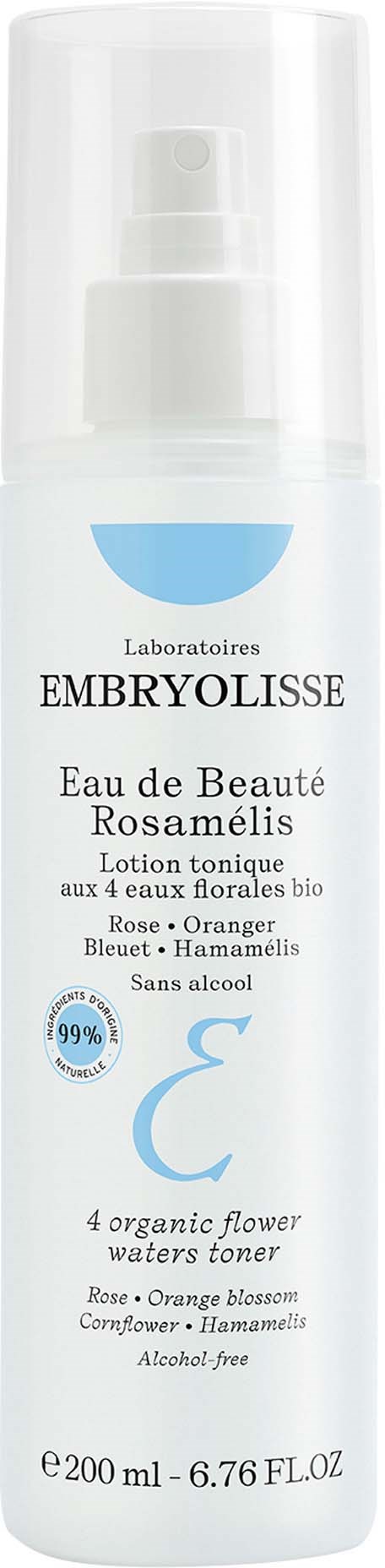 En vit sprayflaska märkt Embryolisse Rose Orange Blossomvatten toner, alkoholfria, med blå och svart text.
