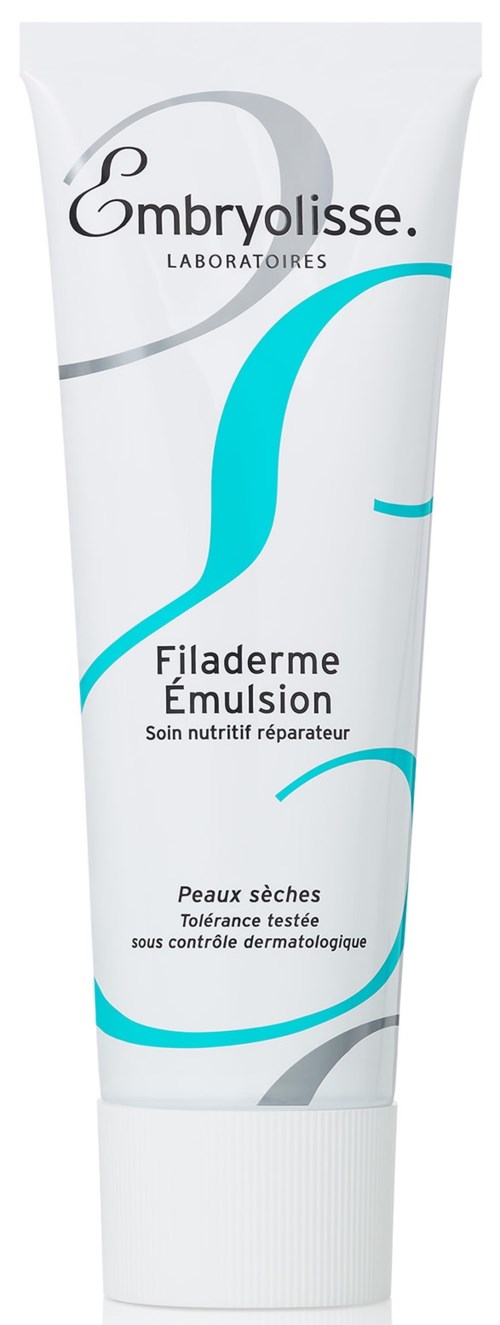 A white tube of Embryolisse Filaderme Emulsion skin lotion with blue and gray design elements.