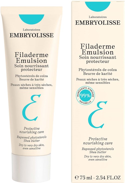 En tube og emballasje av Embryolisse Filaderme Emulsion for sensitiv, tørr hud med shea smør.