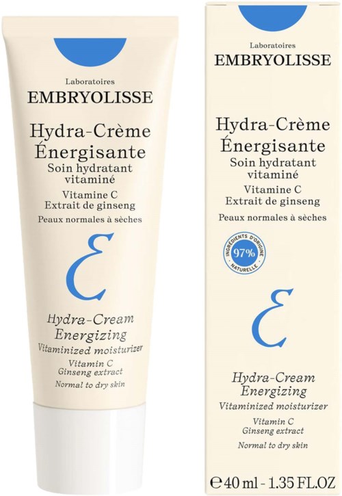 En tub med Hydra-Crème Energizing fuktcreme bredvid sin höga förpackning, båda märkta för normal till torr hud, med fräscha blå detaljer.