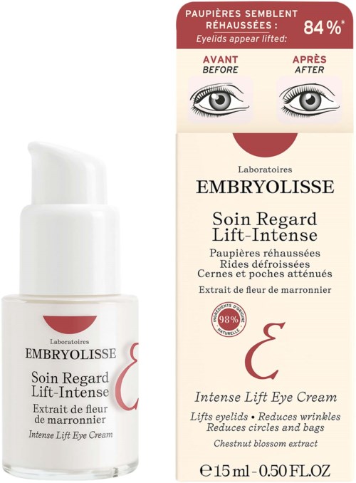 Embryolisse silmänympärysvoide laatikossa ja pullossa, showing "Ennen" ja "Jälkeen" tulokset. Do logo ja tuotekuvaukset.