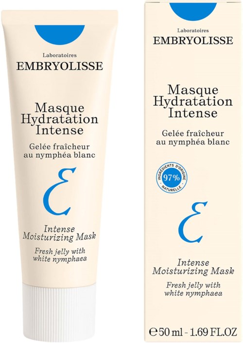 En tub och förpackning av Embryolisse Intense Hydrating Mask med vit gelé och vita nymfer. 50 ml storlek.