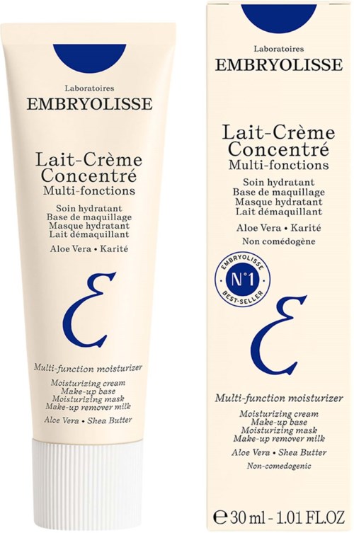 En vit tub och förpackning av Embryolisse fuktighetskräm med blå och svart text samt logga, 30 ml kapacitet.