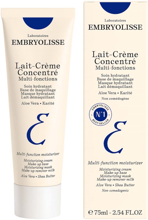 En vit tub och förpackning av Embryolisse ansiktskräm. Texten nämner ingredienser som aloe vera och sheasmör.