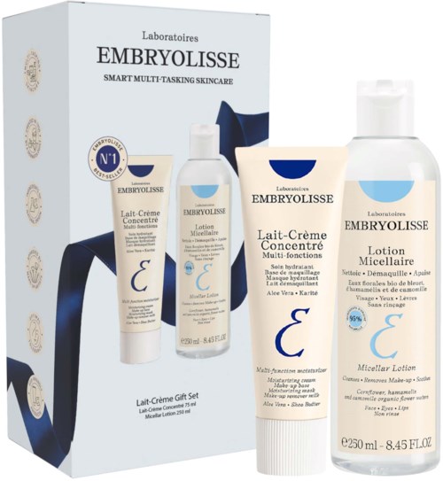Set af Embryolisse hudplejeprodukter med en fugtighedscreme, en micellar lotionflaske og en kegleformet creme.
