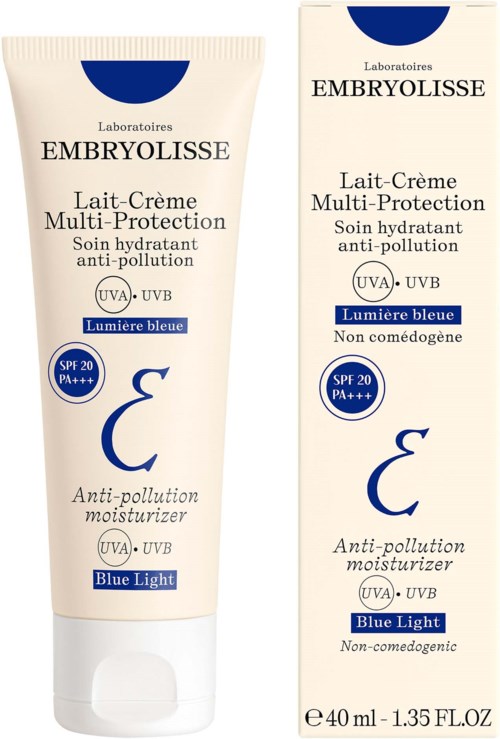 A tube and box of Embryolisse Blue Light moisturizer with SPF 20, UVA/UVB protection, and anti-pollution properties.