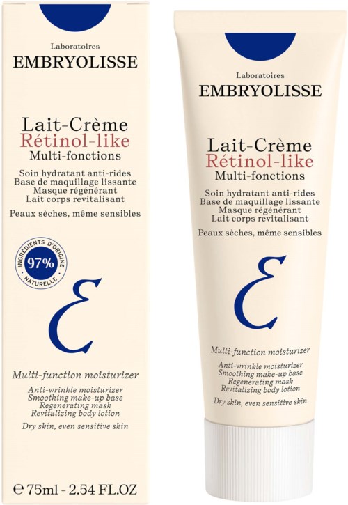 En hvit tube og eske med Embryolisse fuktighetskrem med blå og røde tekster, for tørr og sensitiv hud.