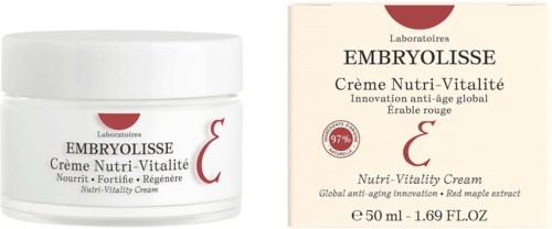 Et krukke og en eske med Embryolisse Nutri-Vitality krem, med rød lønneekstrakt, for anti-aging og hudnæring.