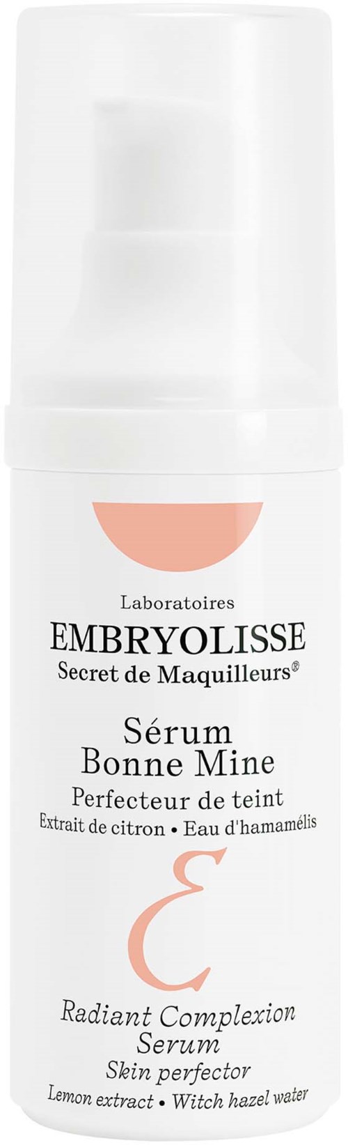 En vit pumpflaska med märkning, Embryolisse serum för hudförbättring och klarhet. Innehåller citron och vatten.