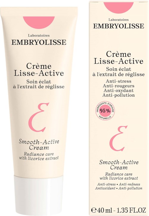 En tub och förpackning av Embryolisse Smooth-Active Cream för strålande, anti-stress hudvård med lakritsextrakt.