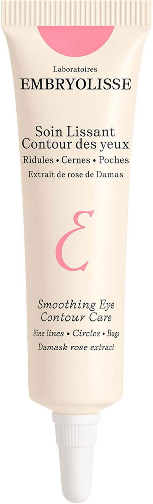 En tub med ögonkräm märkt Embryolisse med rosa och vit förpackning, visar produktdetaljer på engelska och franska.