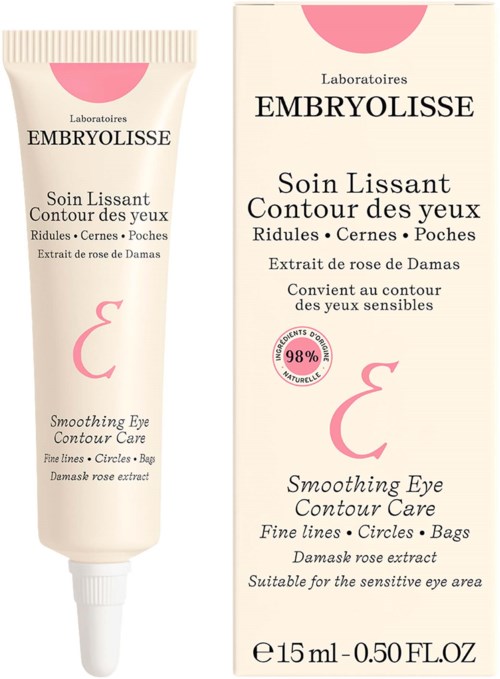 En tub och låda med Embryolisse ögonkonturopp Skönhetskräm i rosa och vit design, betonar 98 % naturliga ingredienser.