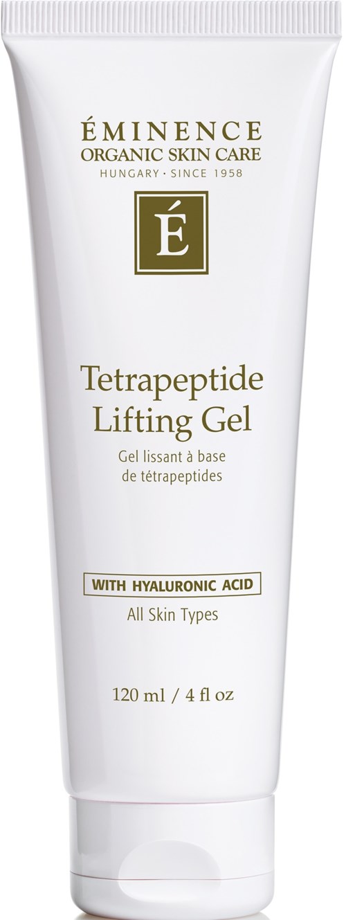 Biała tubka żelu do pielęgnacji skóry z złotym i czarnym tekstem, oznaczona Éminence Tetrapeptide Lifting Gel z kwasem hialuronowym.