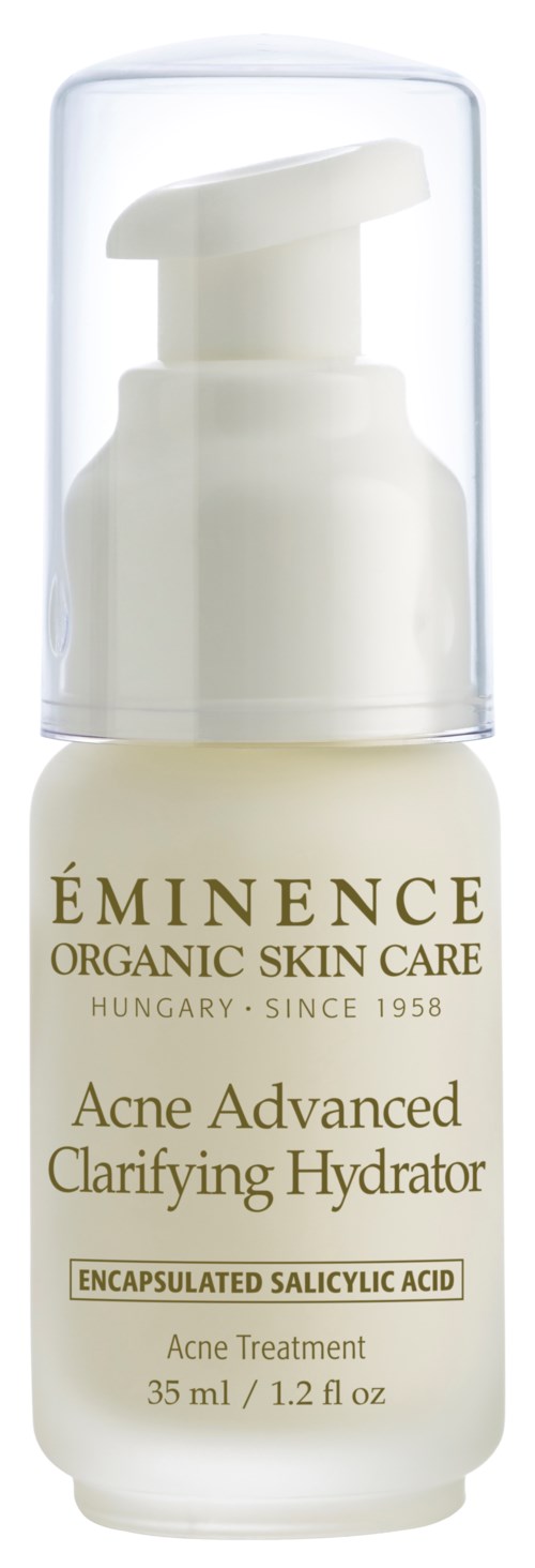 En liten vit flaska med pump och genomskinlig lock, märkt 'ÉMINENCE Organic Skin Care Acne Advanced Clarifying Hydrator'.