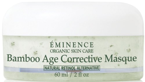 En grønn og hvit krukke merket 'ÉMINENCE Bamboo Age Corrective Masque' for hudpleie, med produktstørrelse og ingredienser.