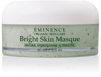 Et krukemerke med 'ÉMINENCE Bright Skin Masque' og info om ingredienser og størrelse, for hudpleie.