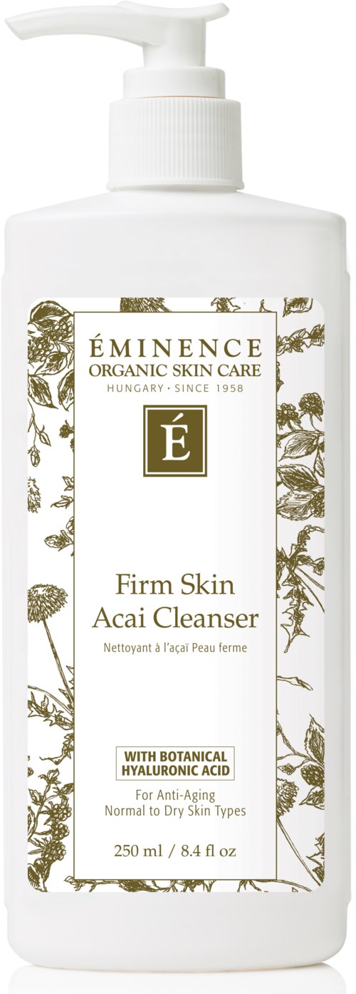 A white bottle with a pump labeled 'ÉMINENCE Organic Skin Care' and 'Firm Skin Acai Cleanser' containing 250 ml of product.