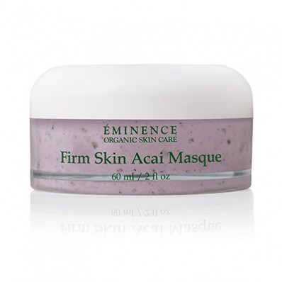 Een kleine pot met Éminence Firm Skin Açaí Masque in paarse en witte verpakking.