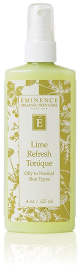 En lys grønn sprayflaske merket Lime Refresh Tonique for normal hud, 4 oz størrelse, fra Eminence. Botanisk design.