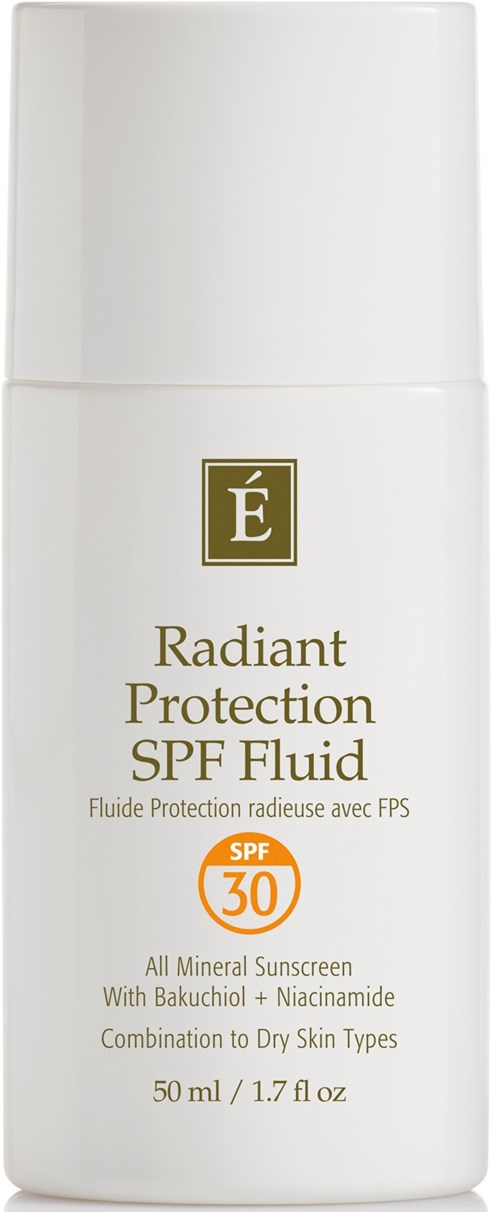 En hvit flaske med Radiant Protection SPF Fluid med SPF 30, egnet for tørr hud, inneholder naturlige ingredienser.
