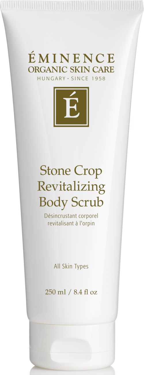 En hvit tube merket Eminence Stone Crop Revitalizing Body Scrub for alle hudtyper, fra Ungarn, 250 ml.