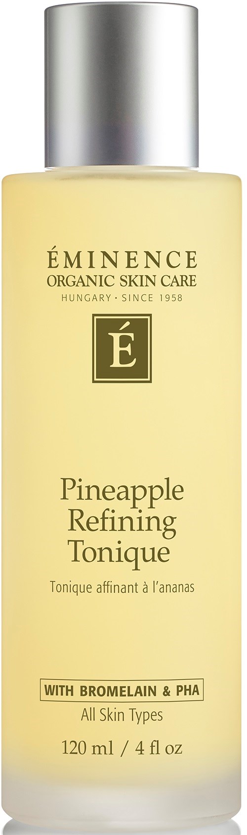 A tall, light yellow bottle with a silver cap. It is a pineapple toner for all skin types.