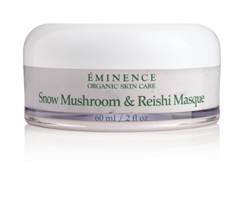 En liten hvit krukke med hudenpleieproduktet 'Snow Mushroom & Reishi Masque' fra Éminence Organic Skin Care.