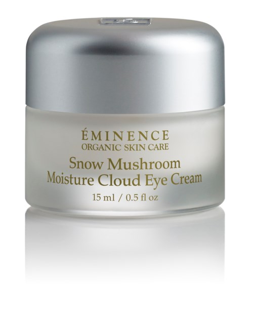 En liten burk märkt 'Eminence' med silverlock, för ögonkräm, innehåller 15 ml Snow Mushroom Moisture Cloud Eye Cream.