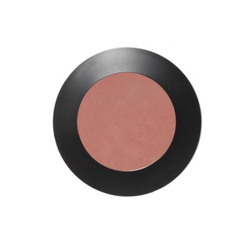 A round makeup blush with a black border and pink center.