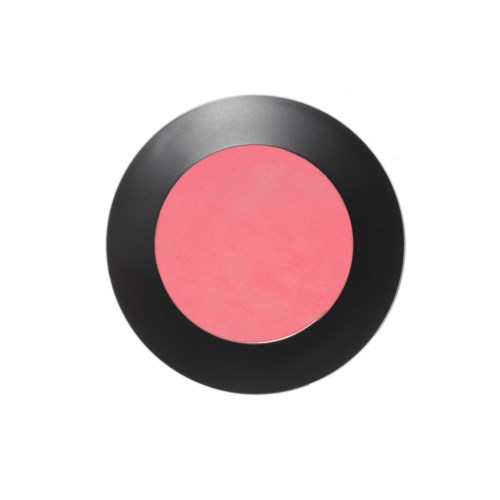 A round makeup blush container with a black outer ring and pink blush inside.