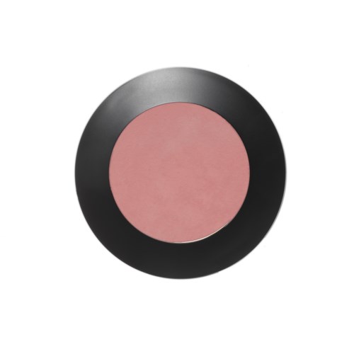 A round makeup compact with pink blush inside and a black border. Moves from top to bottom in the image.