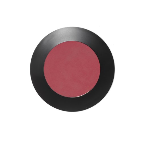 A round makeup blush with a black outer ring and pink center.