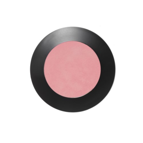 A round makeup compact with pink blush inside and a black outer case.
