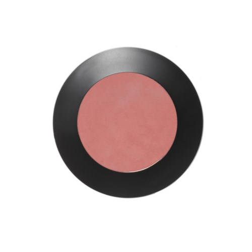 A round makeup blush with a black outer ring and pink center.