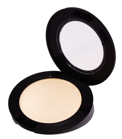 En kompakt sminkpuderbehållare med öppet lock som visar beige puder inuti.