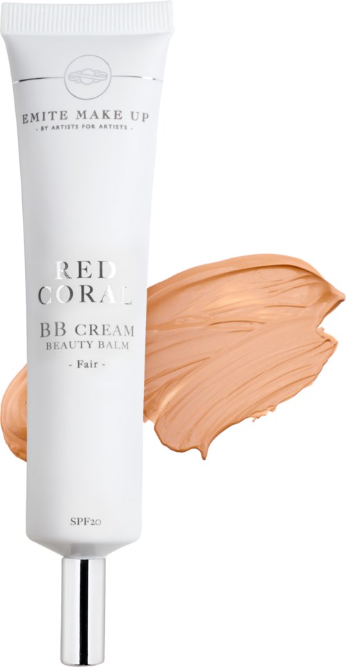 A white tube of BB cream with a peach-colored swatch beside it. The label says RED CORA BB CREAM BEAT BARM.