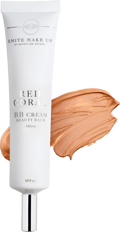 En hvit tube med BB-krem og en beige farge bak. Tuten har svart tekst og sølvhette.
