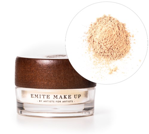 En liten sminke-glasskrukke med trelokk, som har løst pudder over, merket "Emite Make Up".