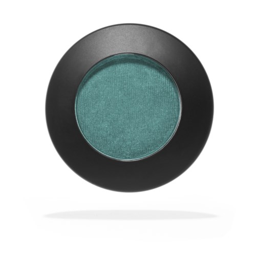 A round teal eyeshadow in a black circular case.