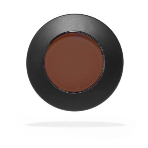 A round black compact with brown face makeup inside. Simple and elegant design, no other objects or background.