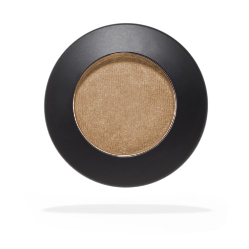 A round eyeshadow container with beige-colored makeup inside and a black outer casing.
