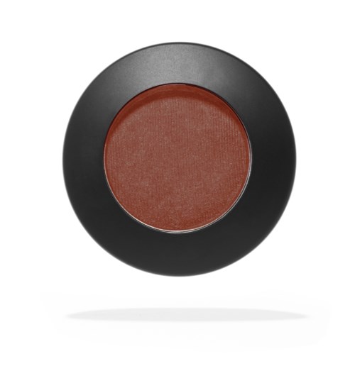 This is a round makeup blush compact with a black outer case and reddish makeup inside.