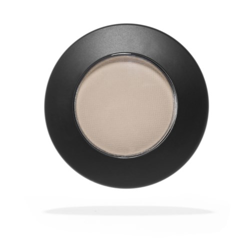 A round black container with a clear lid, holding beige powder inside.