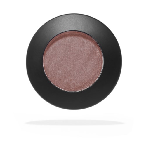 A round makeup blush container with a pinkish-brown blush inside and a black outer casing.