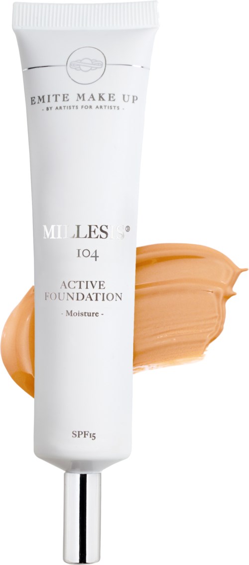 A white tube of Emite Make Up foundation with a beige swatch behind it. It mentions SPF 15 and moisture.