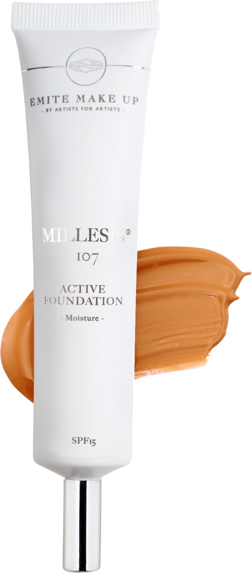 A white tube of foundation with a swipe of beige makeup behind it. The tube has gray text and a silver cap.
