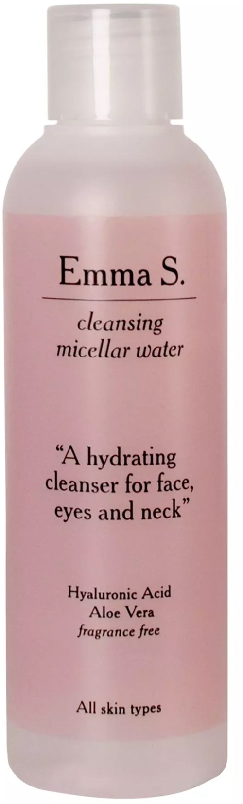 Liten rosa flaske merket Emma S. rensende micellar vann, hydratiserer ansiktet, øyne, nakke, for alle hudtyper, inneholder hyaluronsyre og aloe vera.
